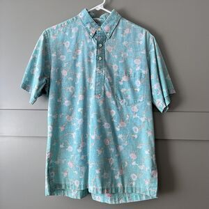 Reyn Spooner Shirt Mens Medium Blue Pink Floral Hawaiian Button Up Short Sleeve